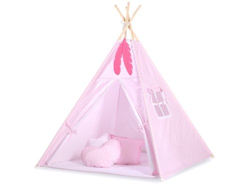 Namiot TIPI dla dzieci + mata + poduszki + zawieszki pióra - Białe grochy na różu Namiot TIPI dla dzieci + mata + poduszki + zawieszki pióra - Białe grochy na różu