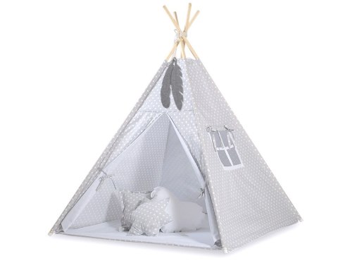Namiot TIPI dla dzieci + mata + poduszki + zawieszki pióra - Białe grochy na szarym Namiot TIPI dla dzieci + mata + poduszki + zawieszki pióra - Białe grochy na szarym