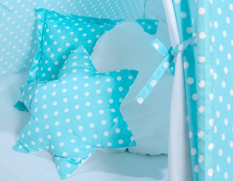 Namiot TIPI dla dzieci + mata + poduszki + zawieszki pióra - Białe grochy na turkusie Namiot TIPI dla dzieci + mata + poduszki + zawieszki pióra - Białe grochy na turkusie