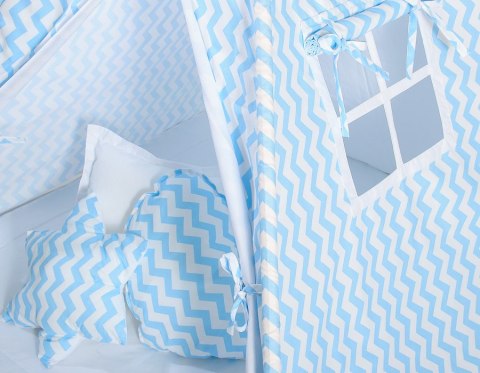 Namiot TIPI dla dzieci + mata + poduszki + zawieszki pióra - Chevron niebieski Namiot TIPI dla dzieci + mata + poduszki + zawieszki pióra - Chevron niebieski