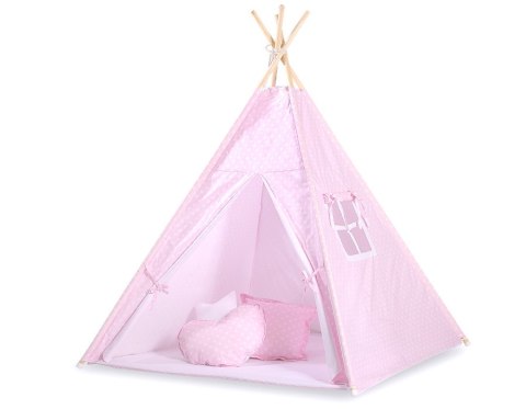 Namiot TIPI dla dzieci +mata + zawieszki pióra - Białe grochy na różu Namiot TIPI dla dzieci +mata + zawieszki pióra - Białe grochy na różu