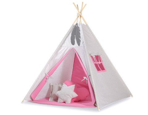 Namiot TIPI dla dzieci +mata + zawieszki pióra - Kratka szara z różem Namiot TIPI dla dzieci +mata + zawieszki pióra - Kratka szara z różem