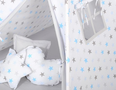 Namiot TIPI dla dzieci + mata + poduszki + zawieszki pióra - Gwiazdy niebiesko-szare/szary Namiot TIPI dla dzieci + mata + poduszki + zawieszki pióra - Gwiazdy niebiesko-szare/szary