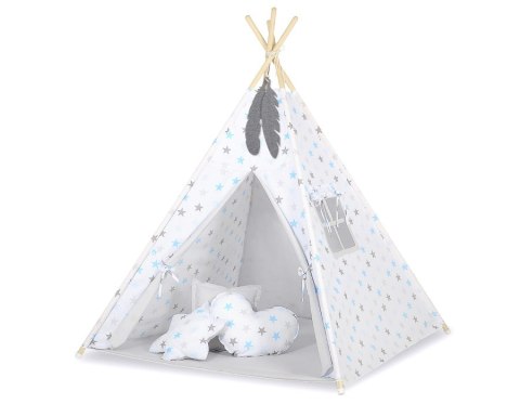 Namiot TIPI dla dzieci +mata + zawieszki pióra - Gwiazdy szaro-niebieskie/szary Namiot TIPI dla dzieci +mata + zawieszki pióra - Gwiazdy szaro-niebieskie/szary