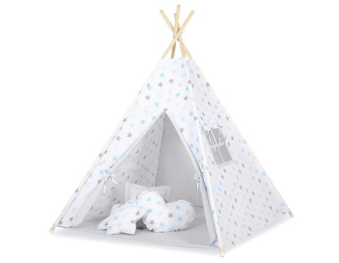 Namiot TIPI dla dzieci +mata + zawieszki pióra - Gwiazdy szaro-niebieskie/szary Namiot TIPI dla dzieci +mata + zawieszki pióra - Gwiazdy szaro-niebieskie/szary