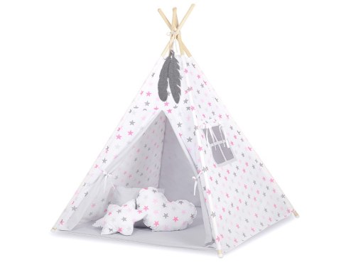 Namiot TIPI dla dzieci +mata + zawieszki pióra - Gwiazdy szaro-różowe/szary Namiot TIPI dla dzieci +mata + zawieszki pióra - Gwiazdy szaro-różowe/szary