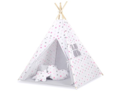 Namiot TIPI dla dzieci +mata + zawieszki pióra - Gwiazdy szaro-różowe/szary Namiot TIPI dla dzieci +mata + zawieszki pióra - Gwiazdy szaro-różowe/szary