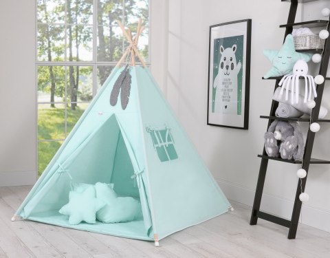 Namiot TIPI dla dzieci + mata + poduszki + zawieszki pióra - jasna mięta Namiot TIPI dla dzieci + mata + poduszki + zawieszki pióra - jasna mięta