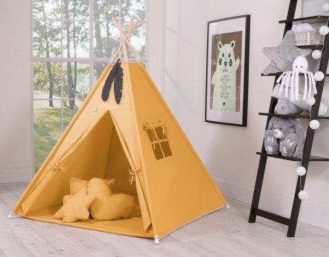 Namiot TIPI dla dzieci + mata + poduszki + zawieszki pióra - musztardowy Namiot TIPI dla dzieci + mata + poduszki + zawieszki pióra - musztardowy