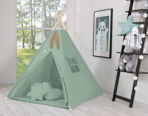 Namiot TIPI dla dzieci + mata + poduszki + zawieszki pióra - szałwia Namiot TIPI dla dzieci + mata + poduszki + zawieszki pióra - szałwia