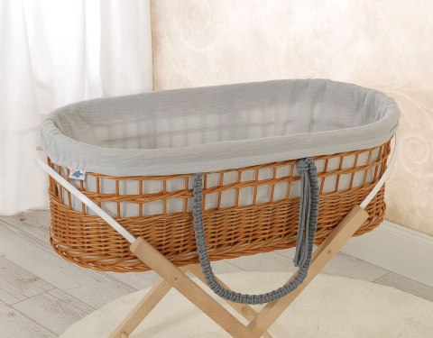 Kosz mojżesza BOHO wiklinowy ze stojakiem z wyściółką muślinową -szarą Kosz mojżesza BOHO wiklinowy ze stojakiem z wyściółką muślinową -szarą