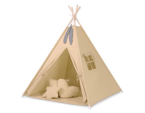 Namiot TIPI dla dzieci + mata + poduszki + zawieszki pióra - beżowy Namiot TIPI dla dzieci + mata + poduszki + zawieszki pióra - beżowy