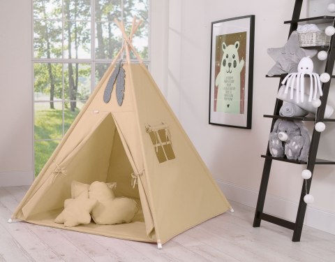 Namiot TIPI dla dzieci + mata + poduszki + zawieszki pióra - beżowy Namiot TIPI dla dzieci + mata + poduszki + zawieszki pióra - beżowy
