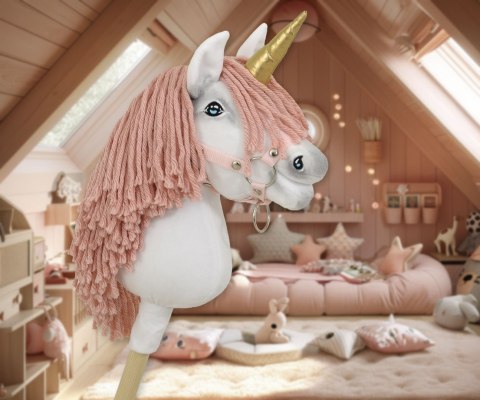 Hobby Horse Jednorożec na kiju mały biały, grzywa brudny róż i złoty róg Hobby Horse Jednorożec na kiju mały biały, grzywa brudny róż i złoty róg