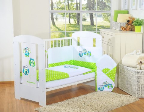 Komplet pościeli dla dzieci 135x100cm z ochraniaczem 3-cz Sówki zielone z haftem zielono-turkusowym Komplet pościeli dla dzieci 135x100cm z ochraniaczem 3-cz Sówki zielone z haftem zielono-turkusowym