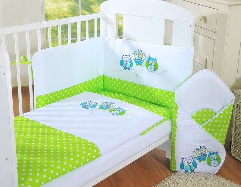 Komplet pościeli dla dzieci 135x100cm z ochraniaczem 3-cz Sówki zielone z haftem zielono-turkusowym Komplet pościeli dla dzieci 135x100cm z ochraniaczem 3-cz Sówki zielone z haftem zielono-turkusowym