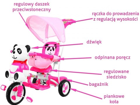3-kołowy Rowerek dla dzieci Panda Różowy + Dźwięki + Daszek + Barierka + Podnóżek + Rączka + Schowek 3-kołowy Rowerek dla dzieci Panda Różowy + Dźwięki + Daszek + Barierka + Podnóżek + Rączka + Schowek