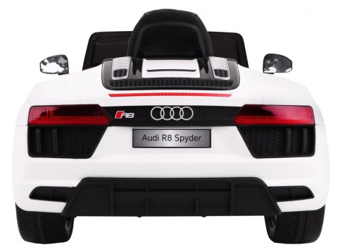 Audi R8 Spyder na akumulator Biały + Pilot + EVA + Wolny Start + Radio MP3 + LED Audi R8 Spyder na akumulator Biały + Pilot + EVA + Wolny Start + Radio MP3 + LED