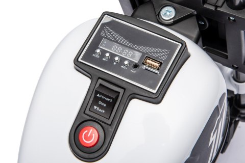 Motorek Chopper FASTER na akumulator dla dzieci Biały + Radio FM + Panel audio + LED Motorek Chopper FASTER na akumulator dla dzieci Biały + Radio FM + Panel audio + LED