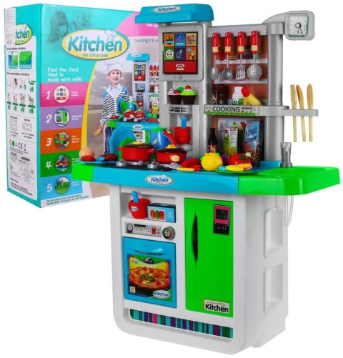 Ogromna niebieska Kuchnia dla dzieci 3+ Interaktywne palniki + Kran z wodą + Panel audio + Akcesoria Ogromna niebieska Kuchnia dla dzieci 3+ Interaktywne palniki + Kran z wodą + Panel audio + Akcesoria